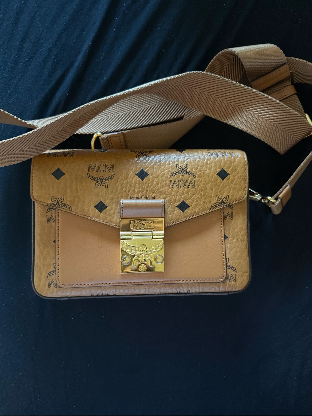 MCM Tan Cognac Logo Visetos Crossbody with Gold Lock